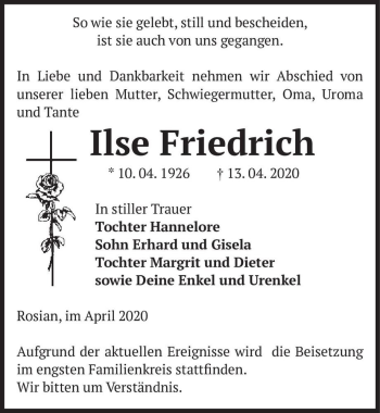 Traueranzeige von Ilse Friedrich  von Magdeburger Volksstimme