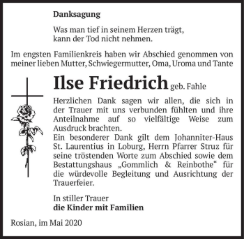 Traueranzeige von Ilse Friedrich (geb. Fahle)  von Magdeburger Volksstimme