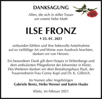 Traueranzeige von Ilse Fronz  von Magdeburger Volksstimme