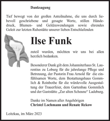 Traueranzeige von Ilse Funk  von Magdeburger Volksstimme