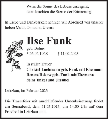 Traueranzeige von Ilse Funk (geb. Bohne)  von Magdeburger Volksstimme