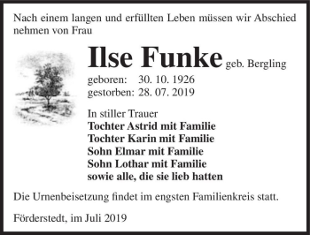 Traueranzeige von Ilse Funke (geb. Bergling)  von Magdeburger Volksstimme