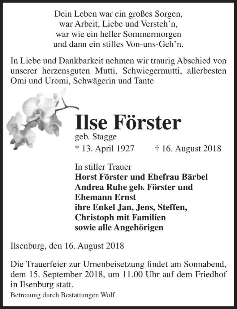  Traueranzeige für Ilse Förster (geb. Stagge)  vom 24.08.2018 aus Magdeburger Volksstimme
