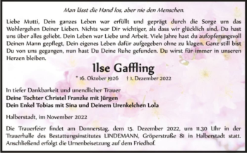 Traueranzeige von Ilse Gaffling  von Magdeburger Volksstimme