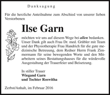 Traueranzeige von Ilse Garn  von Magdeburger Volksstimme