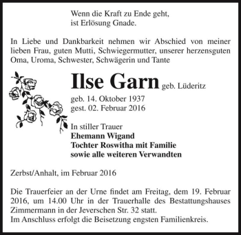 Traueranzeige von Ilse Garn (geb. Lüderitz)  von Magdeburger Volksstimme