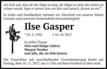Traueranzeige von Ilse Gasper  von Magdeburger Volksstimme