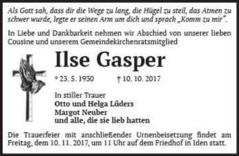 Traueranzeige von Ilse Gasper  von Magdeburger Volksstimme