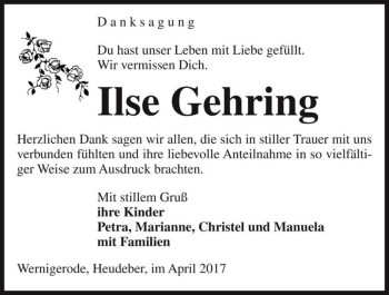 Traueranzeige von Ilse Gehring  von Magdeburger Volksstimme