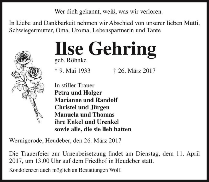  Traueranzeige für Ilse Gehring (geb. Röhnke)  vom 30.03.2017 aus Magdeburger Volksstimme