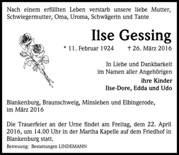 Traueranzeige von Ilse Gessing  von Magdeburger Volksstimme