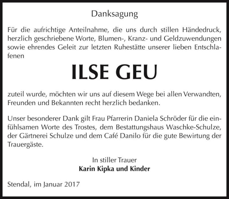  Traueranzeige für Ilse Geu  vom 19.01.2017 aus Magdeburger Volksstimme