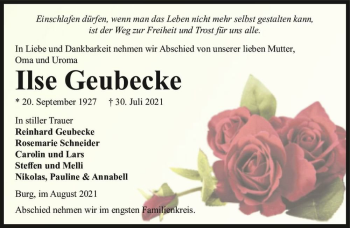 Traueranzeige von Ilse Geubecke  von Magdeburger Volksstimme