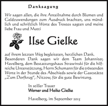 Traueranzeige von Ilse Gielke  von Magdeburger Volksstimme
