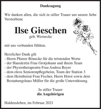 Traueranzeige von Ilse Gieschen (geb. Wernecke)  von Magdeburger Volksstimme