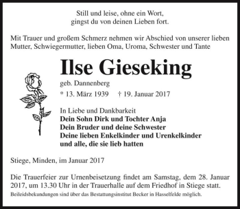 Traueranzeige von Ilse Gieseking (geb. Dannenberg)  von Magdeburger Volksstimme