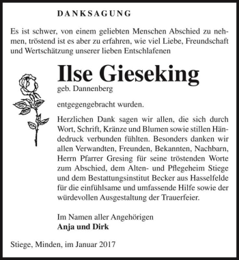 Traueranzeige von Ilse Gieseking (geb. Dannenberg)  von Magdeburger Volksstimme