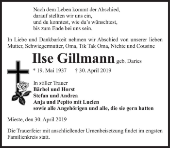 Traueranzeige von Ilse Gillmann (geb. Daries)  von Magdeburger Volksstimme