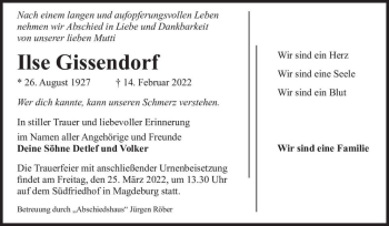 Traueranzeige von Ilse Gissendorf  von Magdeburger Volksstimme
