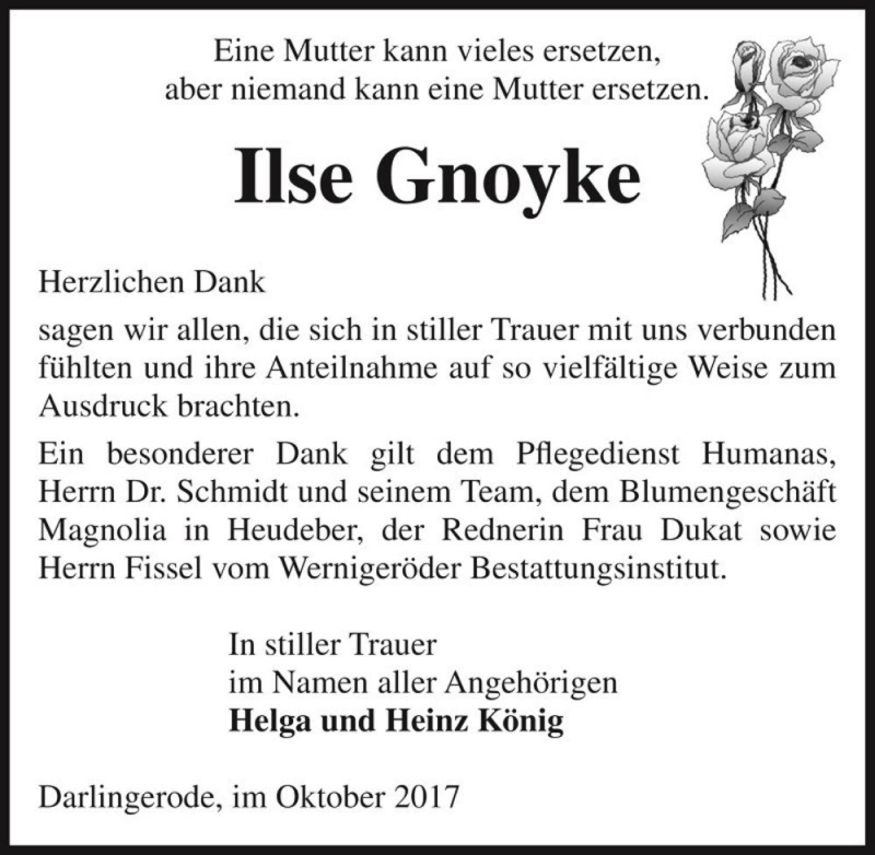  Traueranzeige für Ilse Gnoyke  vom 13.10.2017 aus Magdeburger Volksstimme