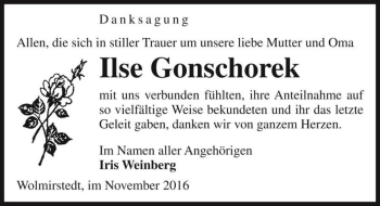 Traueranzeige von Ilse Gonschorek  von Magdeburger Volksstimme