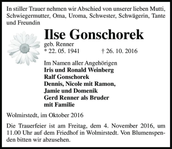 Traueranzeige von Ilse Gonschorek (geb. Renner)  von Magdeburger Volksstimme