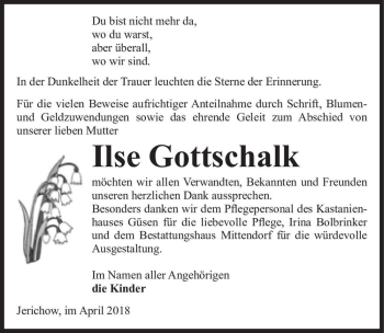 Traueranzeige von Ilse Gottschalk  von Magdeburger Volksstimme