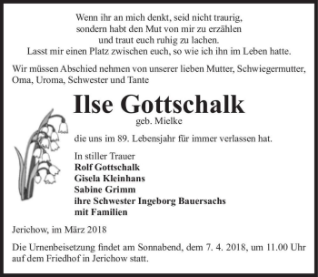 Traueranzeige von Ilse Gottschalk (geb. Mielke)  von Magdeburger Volksstimme