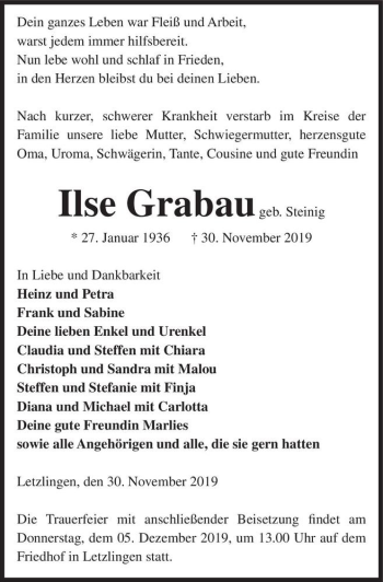 Traueranzeige von Ilse Grabau (geb. Steinig)  von Magdeburger Volksstimme
