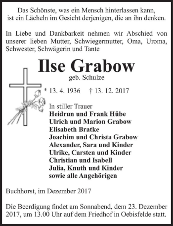 Traueranzeige von Ilse Grabow (geb. Schulze)  von Magdeburger Volksstimme