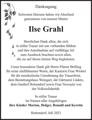 Traueranzeige von Ilse Grahl  von Magdeburger Volksstimme
