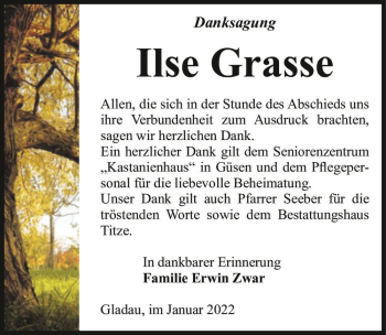 Traueranzeige von Ilse Grasse  von Magdeburger Volksstimme