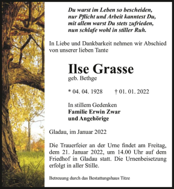 Traueranzeige von Ilse Grasse (geb. Bethge)  von Magdeburger Volksstimme
