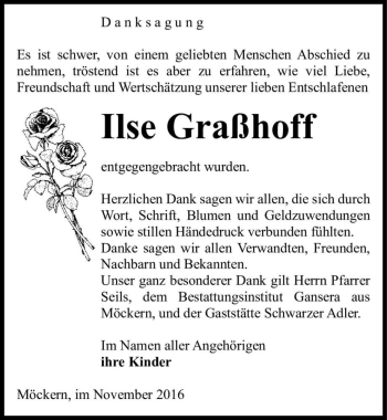 Traueranzeige von Ilse Graßhoff  von Magdeburger Volksstimme