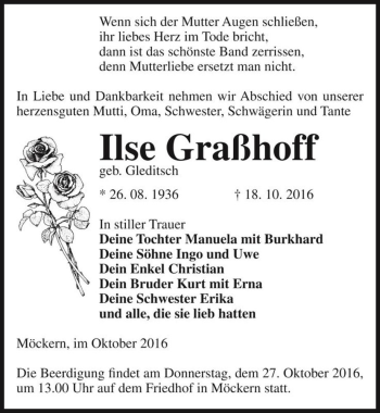 Traueranzeige von Ilse Graßhoff (geb. Gleditsch)  von Magdeburger Volksstimme