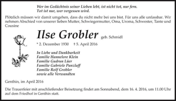 Traueranzeige von Ilse Grobler (geb. Schmidl)  von Magdeburger Volksstimme