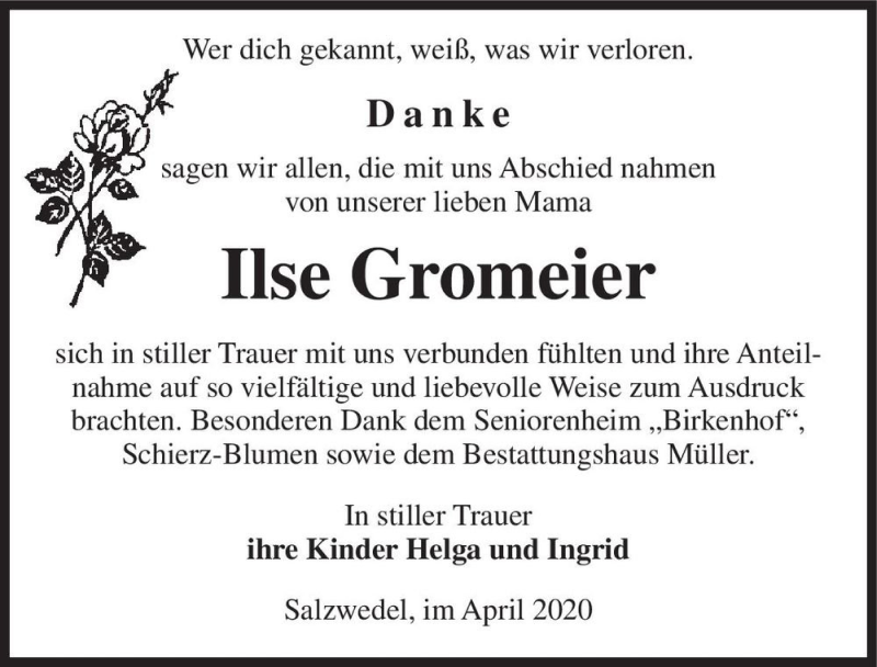  Traueranzeige für Ilse Gromeier  vom 16.05.2020 aus Magdeburger Volksstimme