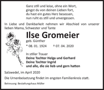 Traueranzeige von Ilse Gromeier (geb. Günther)  von Magdeburger Volksstimme