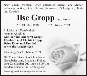 Traueranzeige von Ilse Gropp (geb. Streve)  von Magdeburger Volksstimme