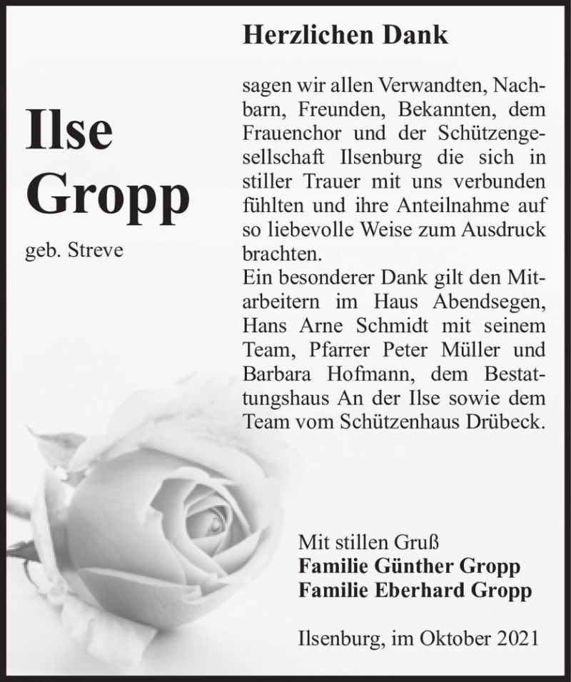  Traueranzeige für Ilse Gropp (geb. Streve)  vom 30.10.2021 aus Magdeburger Volksstimme