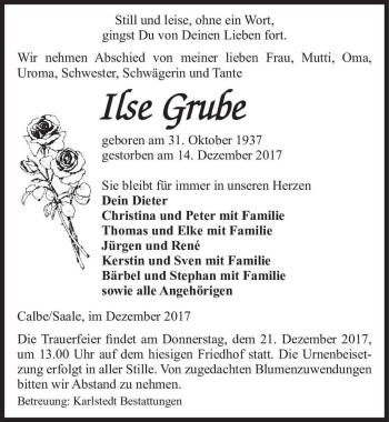 Traueranzeige von Ilse Grube  von Magdeburger Volksstimme