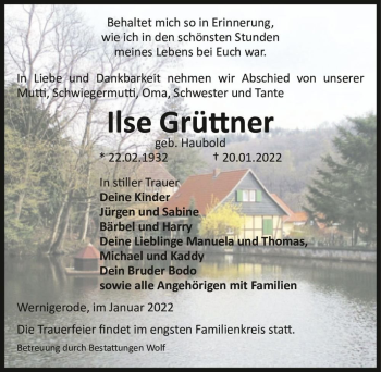 Traueranzeige von Ilse Grüttner (geb. Haubold)  von Magdeburger Volksstimme
