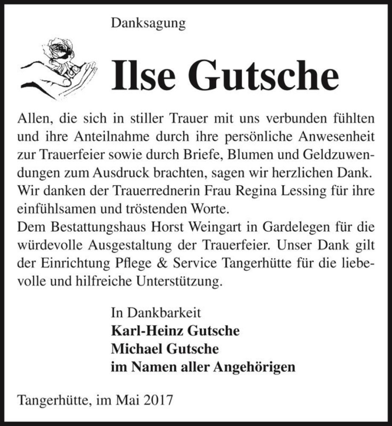  Traueranzeige für Ilse Gutsche  vom 13.05.2017 aus Magdeburger Volksstimme