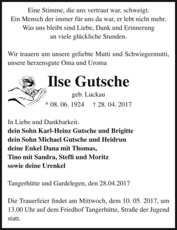 Traueranzeige von Ilse Gutsche (geb. Luckau)  von Magdeburger Volksstimme