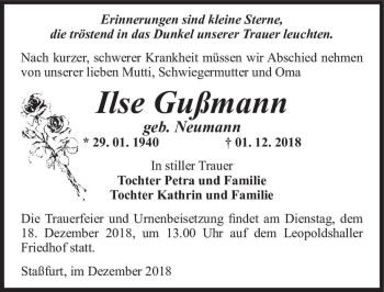 Traueranzeige von Ilse Gußmann (geb. Neumann)  von Magdeburger Volksstimme