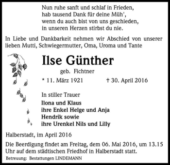 Traueranzeige von Ilse Günther (geb. Fichtner)  von Magdeburger Volksstimme