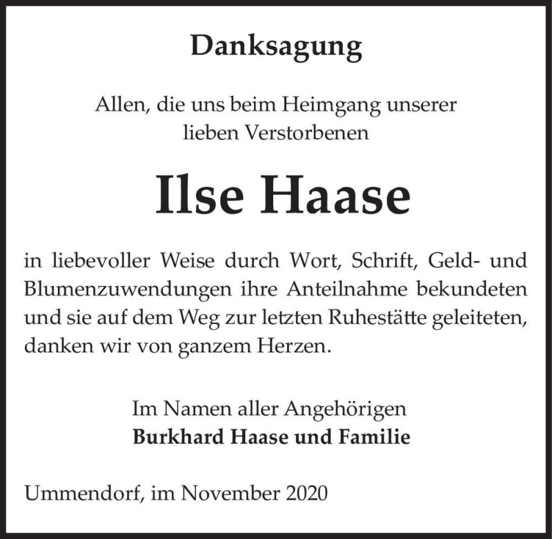  Traueranzeige für Ilse Haase  vom 21.11.2020 aus Magdeburger Volksstimme