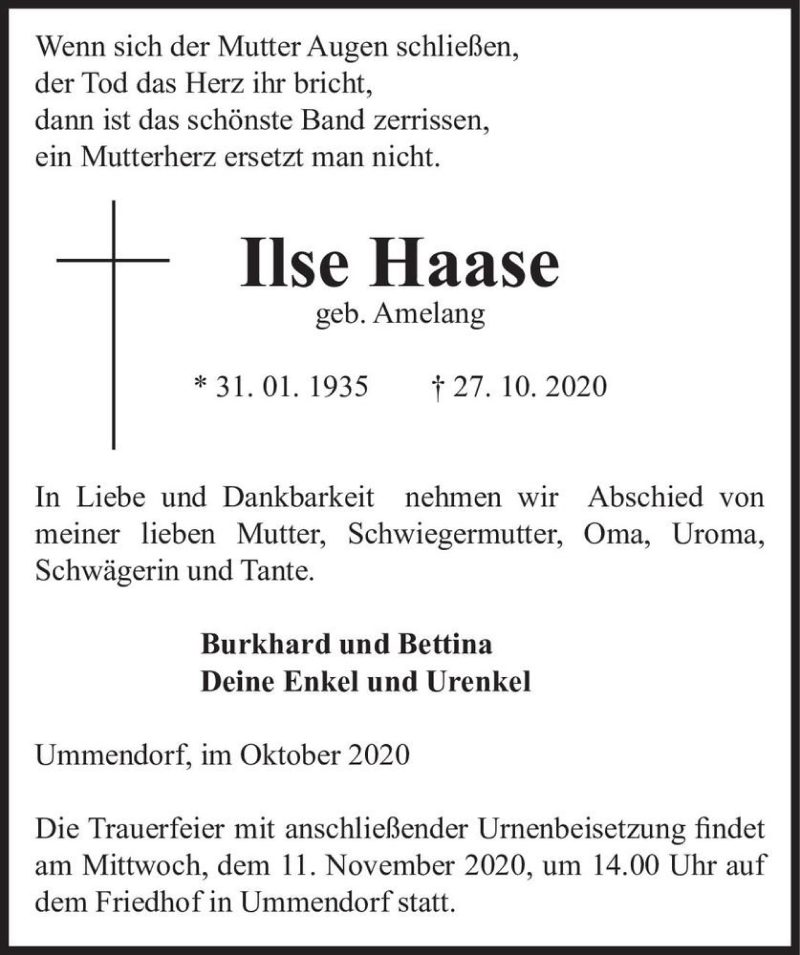 Traueranzeige für Ilse Haase (geb. Amelang)  vom 03.11.2020 aus Magdeburger Volksstimme