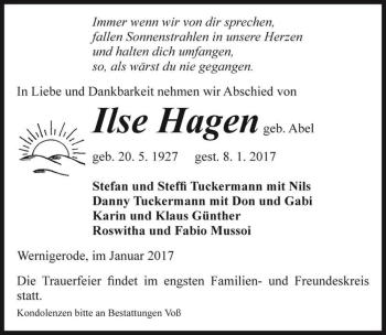 Traueranzeige von Ilse Hagen (geb. Abel)  von Magdeburger Volksstimme
