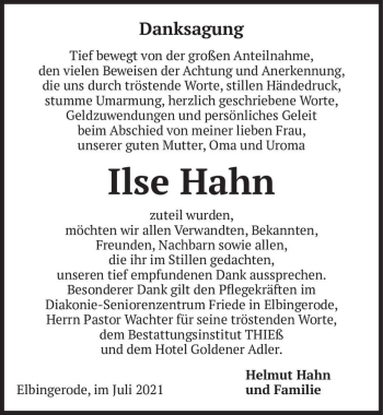 Traueranzeige von Ilse Hahn  von Magdeburger Volksstimme